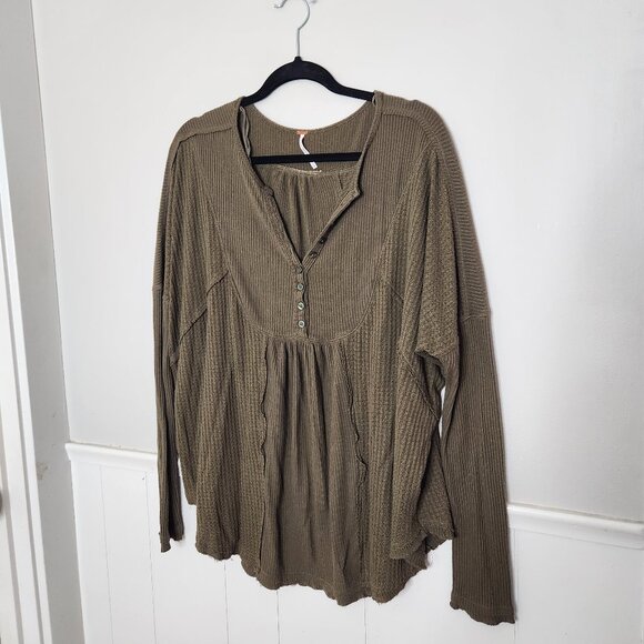 FREE PEOPLE Solid Green Leo Henley - Picture 1 of 7